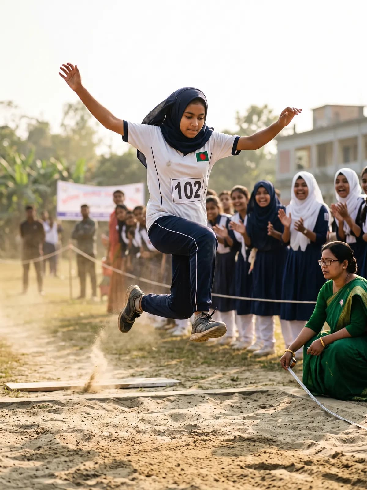A student in mid-air during the long jump at sports day
