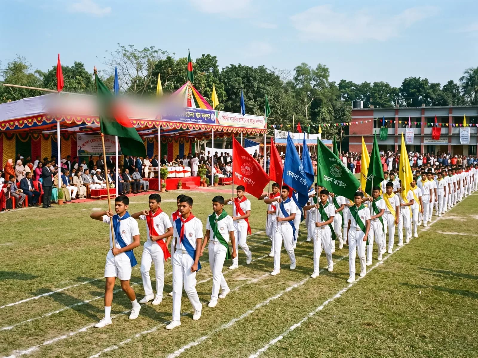Students march across the field carrying the national flag and house flags