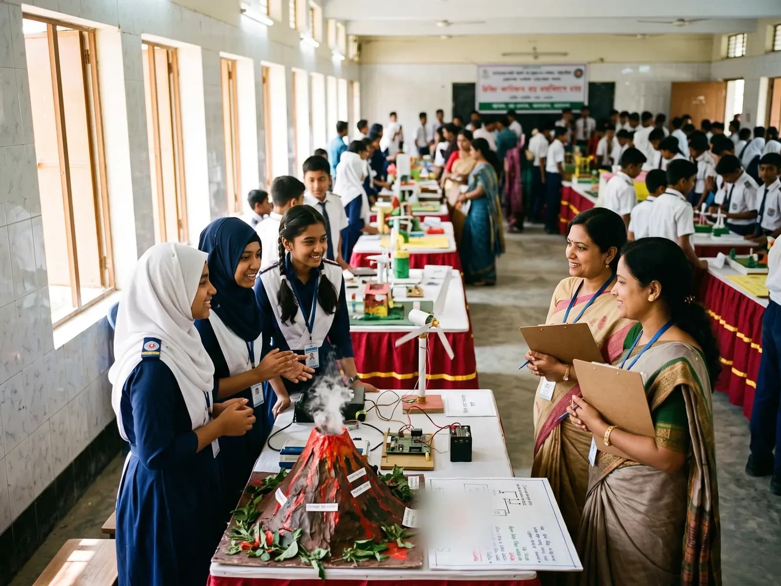 Teachers with clipboards listen as students present projects along rows of tables at the science fair