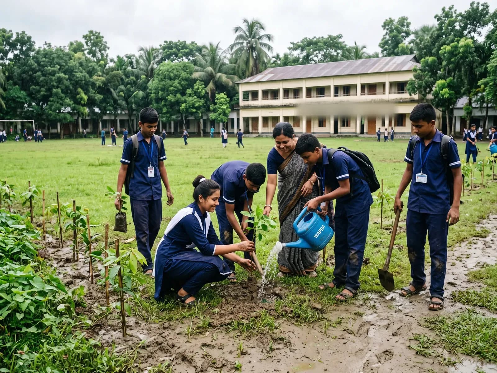 Students and a teacher plant saplings along the edge of the school field