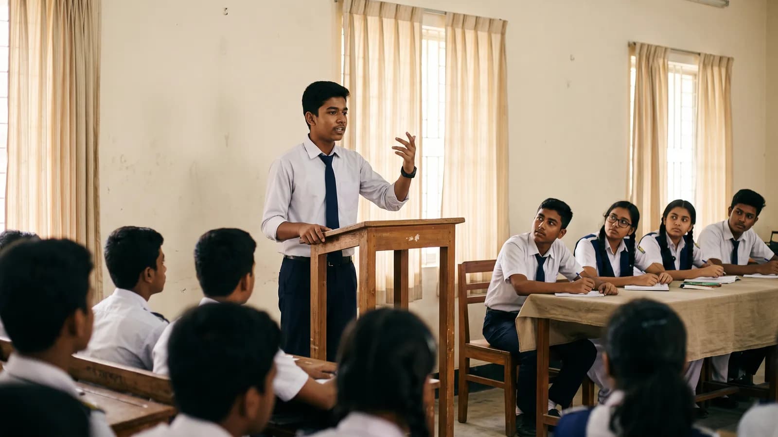 Student debater speaking at a podium